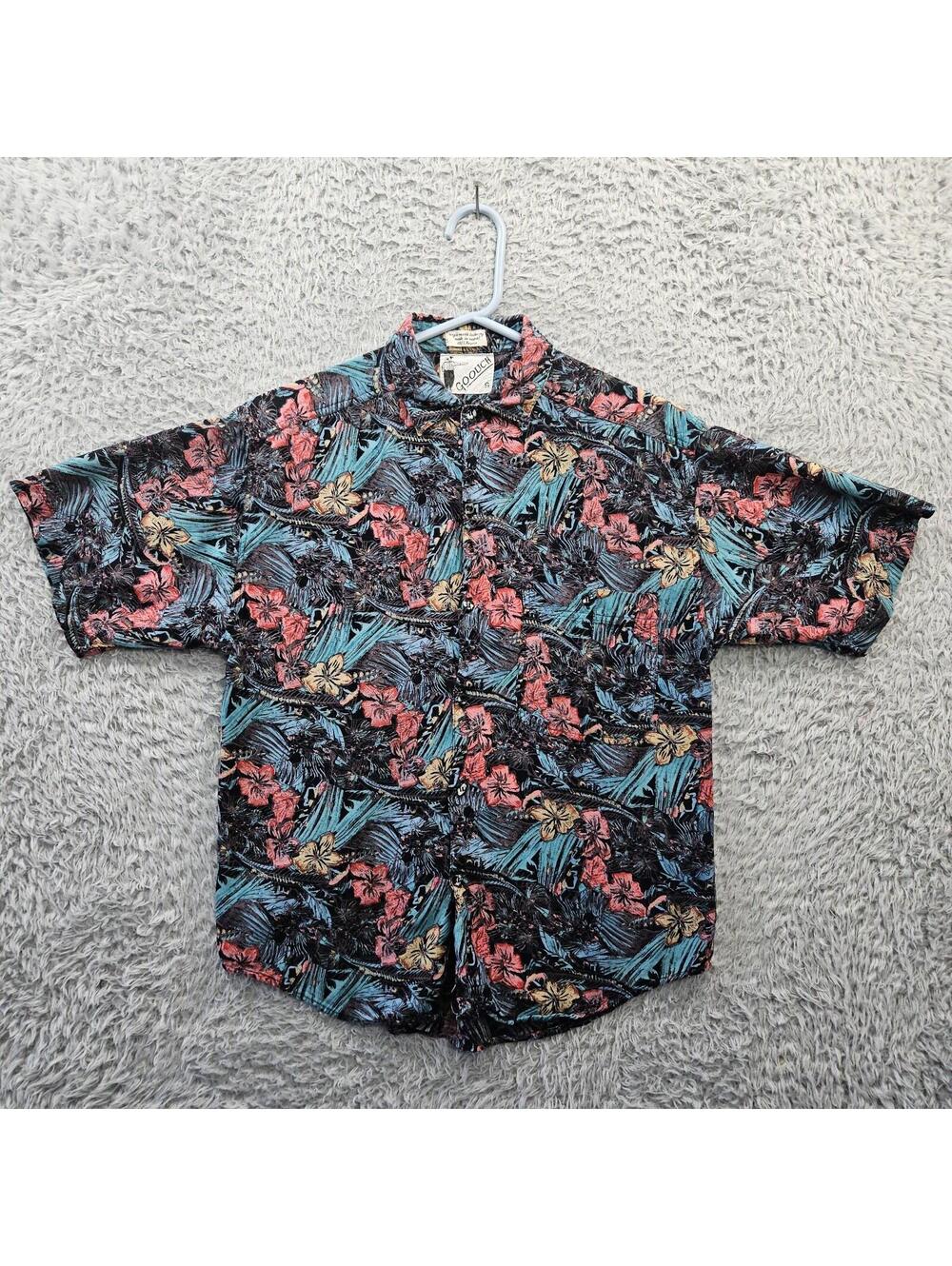 GOOUCH Vintage Rayon Shirt Hawaiian Men Small Black Floral Art All Over Print